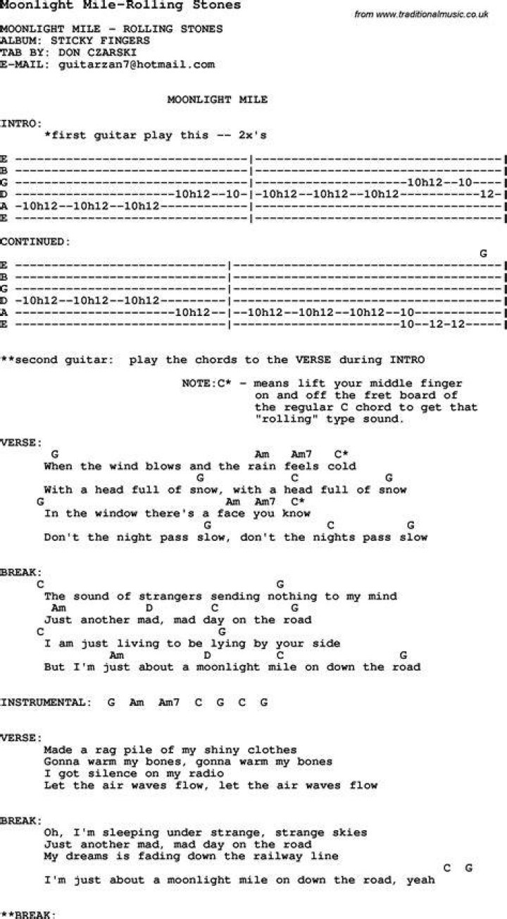 Blues Guitar lesson for Moonlight MileRolling Stones, with Chords