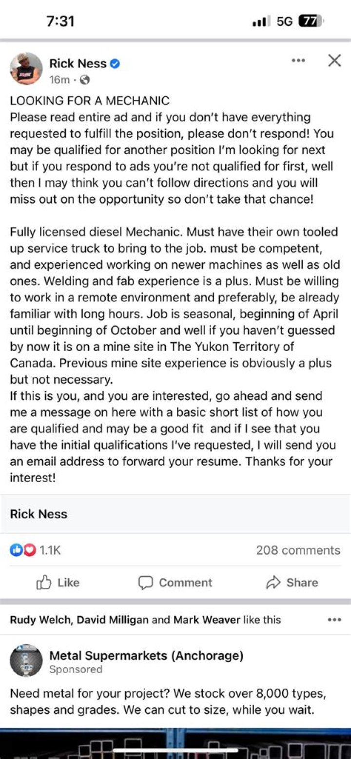 Rick Ness is hiring a mechanic for the Yukon ・ popular.pics ・ Viewer